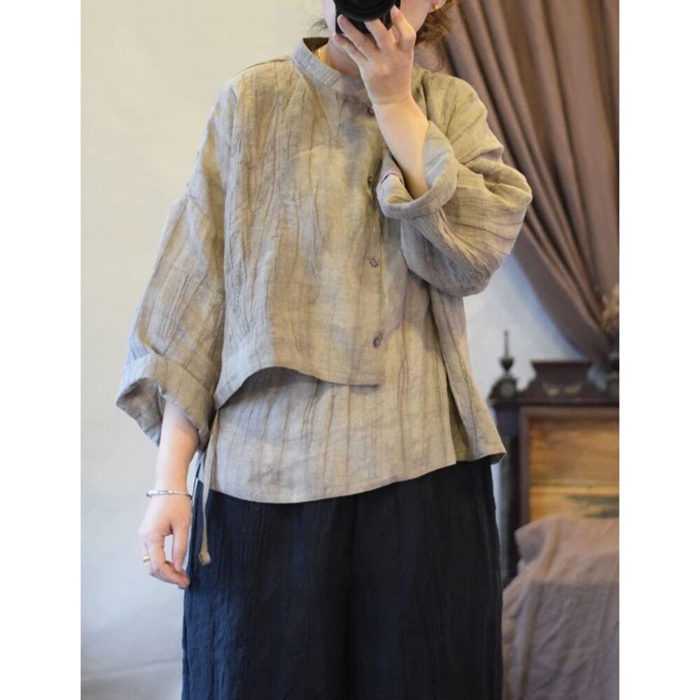 Women's Linen Asymmetrical Shirt Top Irregular Hem Tie Retro Stand Collar Button - Picture 7 of 9